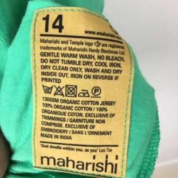 Maharishi Green Organic cotton Bow Front Short Sleeve t-shirt size 14 - Picture 7 of 7